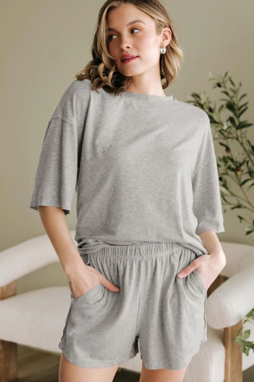 Clearance Dear-Lover Solid Color Loose Tee 2 Piece Shorts Set Gray
