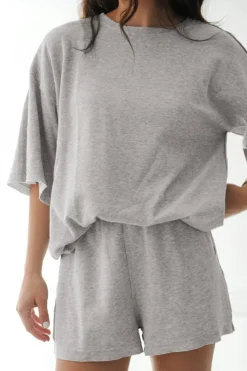 Clearance Dear-Lover Solid Color Loose Tee 2 Piece Shorts Set Gray
