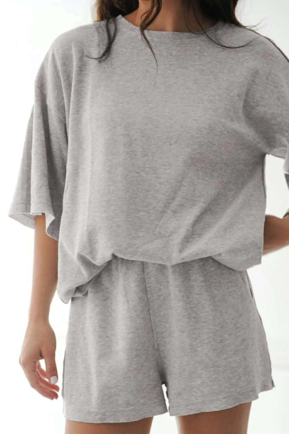 Clearance Dear-Lover Solid Color Loose Tee 2 Piece Shorts Set Gray