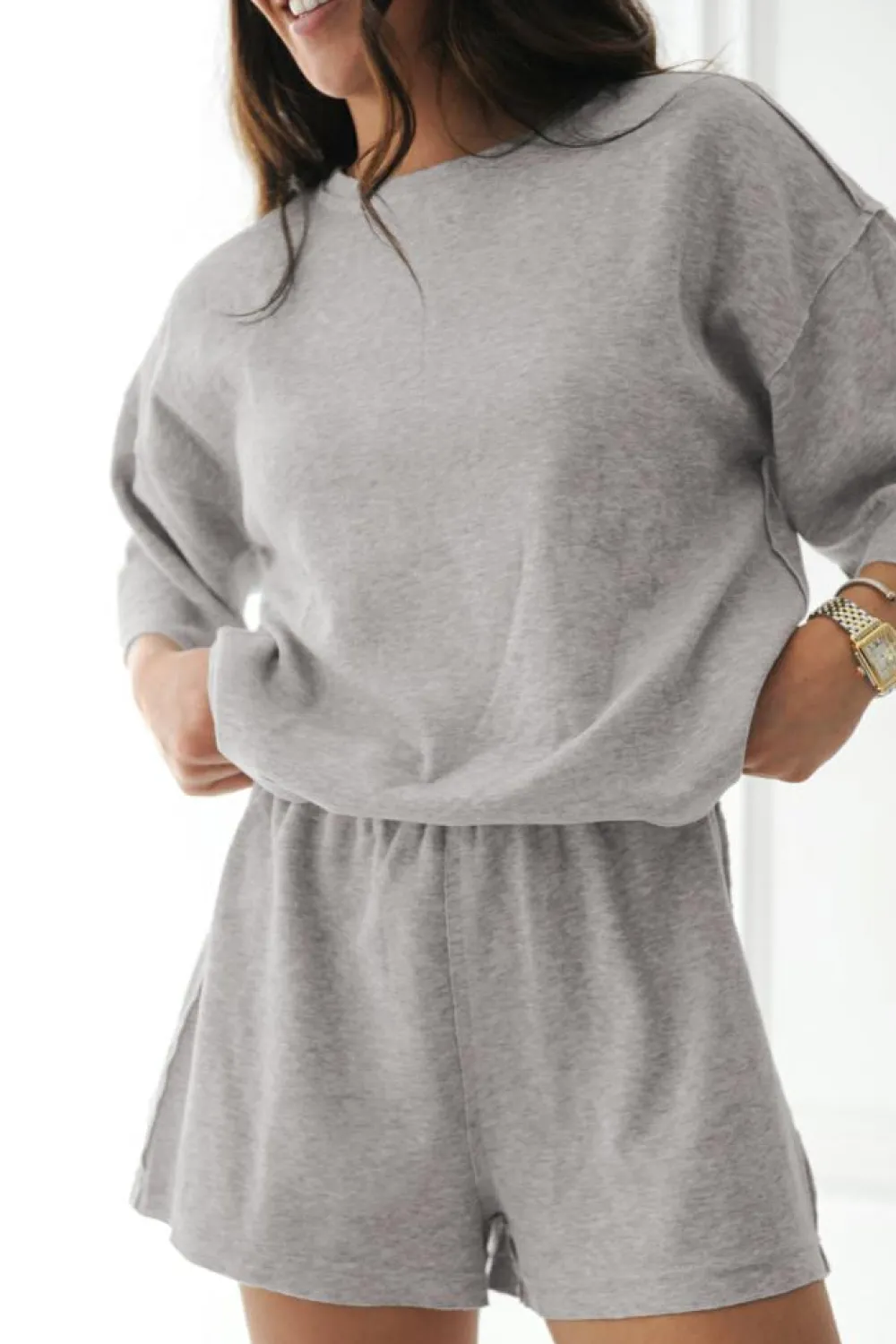 Clearance Dear-Lover Solid Color Loose Tee 2 Piece Shorts Set Gray