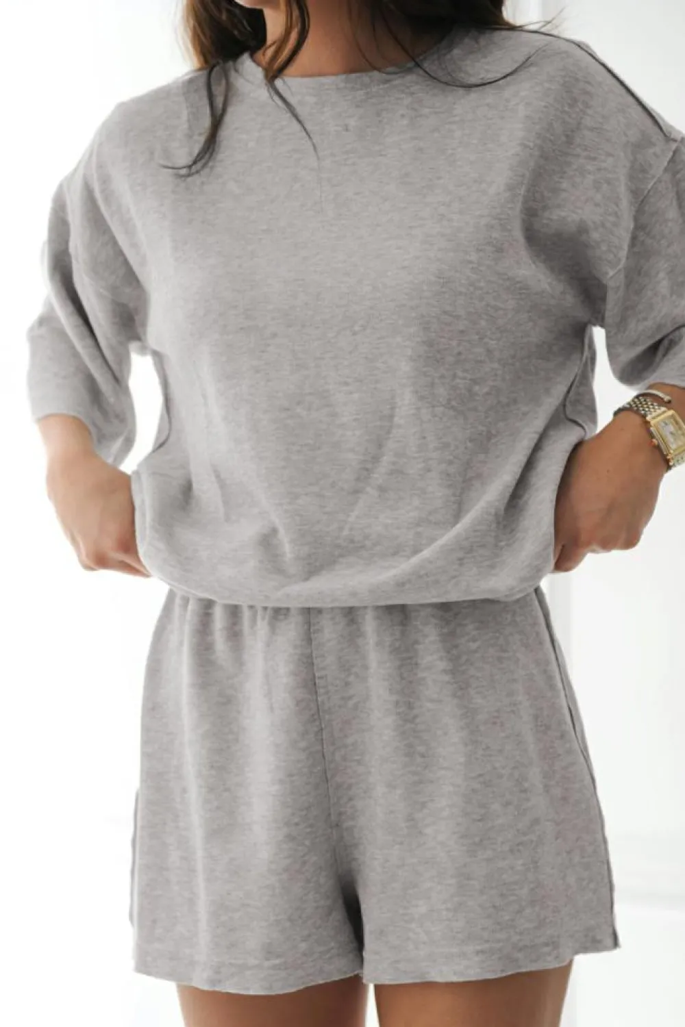 Clearance Dear-Lover Solid Color Loose Tee 2 Piece Shorts Set Gray