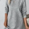 Best Dear-Lover Solid Color Textured Long Sleeve Shift Dress Gray