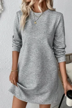 Best Dear-Lover Solid Color Textured Long Sleeve Shift Dress Gray