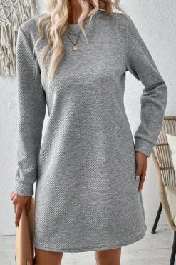 Best Dear-Lover Solid Color Textured Long Sleeve Shift Dress Gray