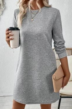 Best Dear-Lover Solid Color Textured Long Sleeve Shift Dress Gray