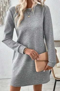 Best Dear-Lover Solid Color Textured Long Sleeve Shift Dress Gray