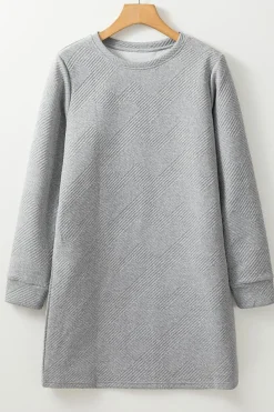 Best Dear-Lover Solid Color Textured Long Sleeve Shift Dress Gray