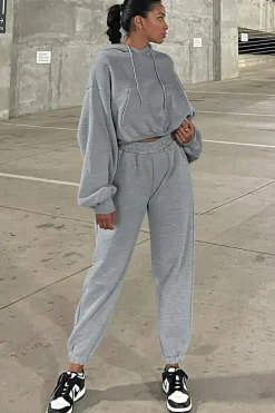 Clearance Dear-Lover Solid Drop Shoulder Hoodie and Joggers Activewear Set Gray