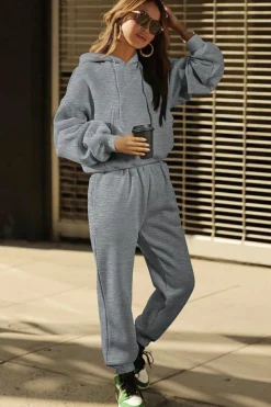 Clearance Dear-Lover Solid Drop Shoulder Hoodie and Joggers Activewear Set Gray