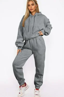 Clearance Dear-Lover Solid Drop Shoulder Hoodie and Joggers Activewear Set Gray
