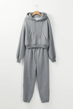 Clearance Dear-Lover Solid Drop Shoulder Hoodie and Joggers Activewear Set Gray