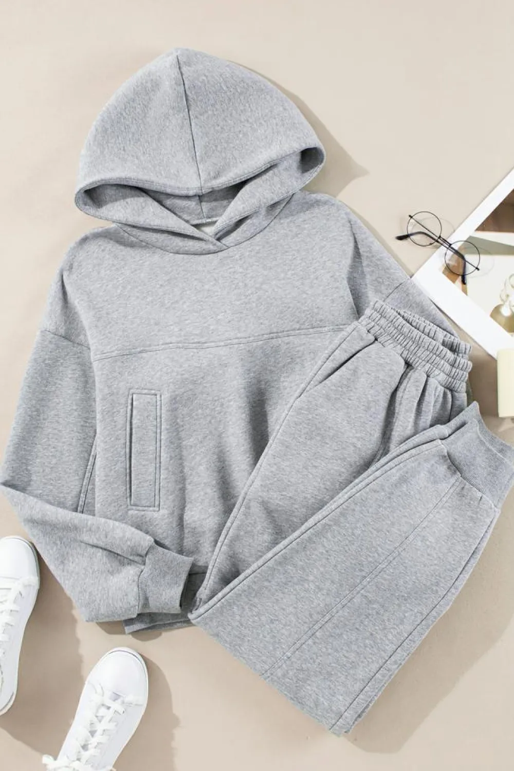 Sale Dear-Lover Solid Exposed Seams Hoodie and Joggers Activewear Set Gray