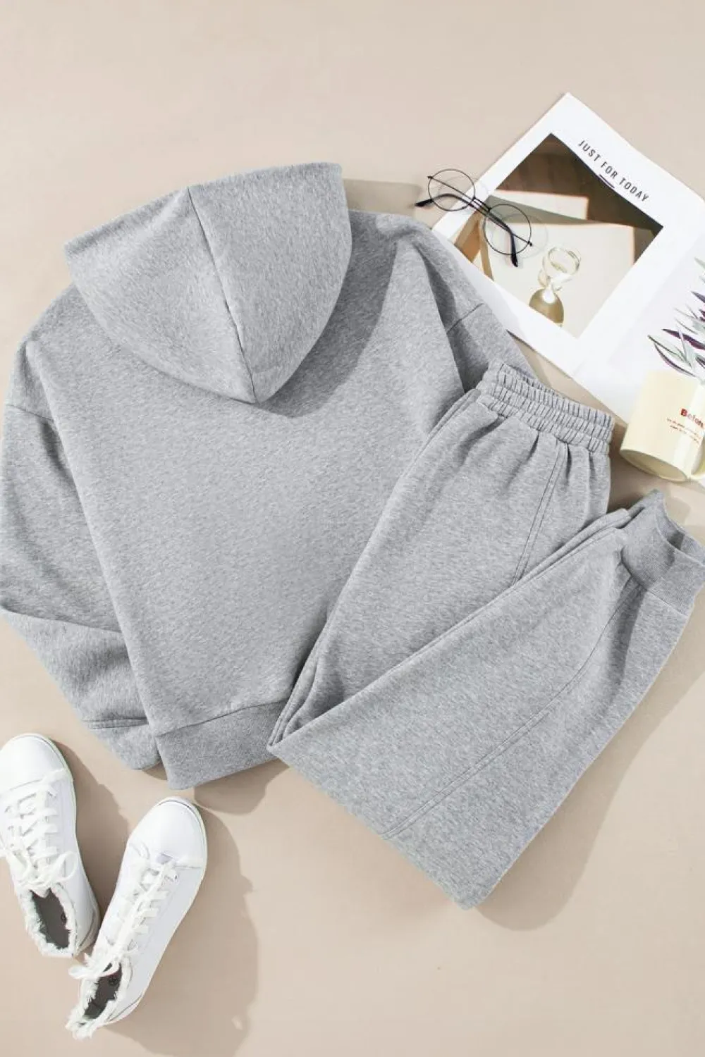 Sale Dear-Lover Solid Exposed Seams Hoodie and Joggers Activewear Set Gray