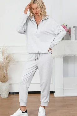 Outlet Dear-Lover Solid Half Zipped Drawstring High Waist Lounge Set Gray