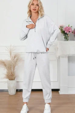 Outlet Dear-Lover Solid Half Zipped Drawstring High Waist Lounge Set Gray
