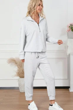 Outlet Dear-Lover Solid Half Zipped Drawstring High Waist Lounge Set Gray
