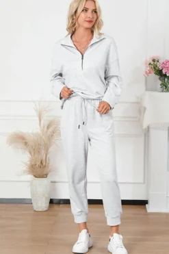 Outlet Dear-Lover Solid Half Zipped Drawstring High Waist Lounge Set Gray