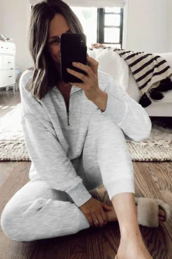Outlet Dear-Lover Solid Half Zipped Drawstring High Waist Lounge Set Gray