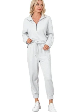 Outlet Dear-Lover Solid Half Zipped Drawstring High Waist Lounge Set Gray