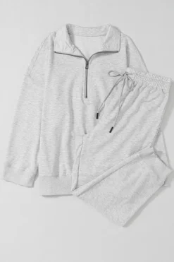 Outlet Dear-Lover Solid Half Zipped Drawstring High Waist Lounge Set Gray
