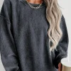 Clearance Dear-Lover Solid Ribbed Knit Round Neck Pullover Sweatshirt Gray