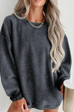 Clearance Dear-Lover Solid Ribbed Knit Round Neck Pullover Sweatshirt Gray