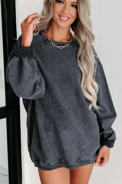 Clearance Dear-Lover Solid Ribbed Knit Round Neck Pullover Sweatshirt Gray
