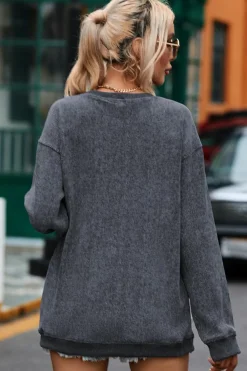 Clearance Dear-Lover Solid Ribbed Knit Round Neck Pullover Sweatshirt Gray