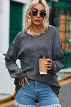 Clearance Dear-Lover Solid Ribbed Knit Round Neck Pullover Sweatshirt Gray
