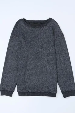 Clearance Dear-Lover Solid Ribbed Knit Round Neck Pullover Sweatshirt Gray