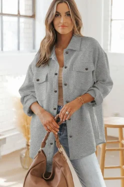 Outlet Dear-Lover Solid Textured Flap Pocket Buttoned Shacket Gray