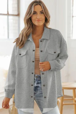 Outlet Dear-Lover Solid Textured Flap Pocket Buttoned Shacket Gray