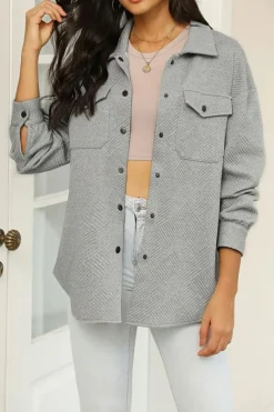 Outlet Dear-Lover Solid Textured Flap Pocket Buttoned Shacket Gray