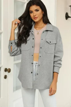 Outlet Dear-Lover Solid Textured Flap Pocket Buttoned Shacket Gray
