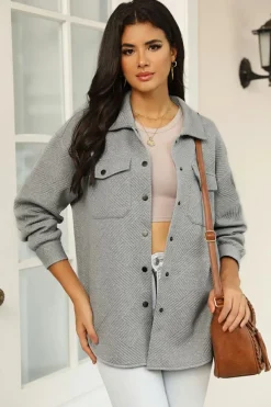 Outlet Dear-Lover Solid Textured Flap Pocket Buttoned Shacket Gray