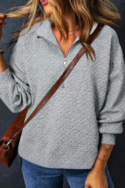 Discount Dear-Lover Solid Textured Half Zipper Collared Sweatshirt Gray