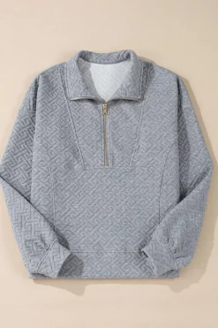 Discount Dear-Lover Solid Textured Half Zipper Collared Sweatshirt Gray