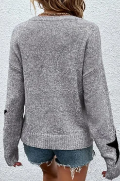 Fashion Dear-Lover Star Pattern Drop Shoulder Sweater Gray