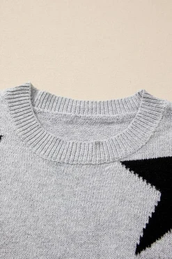 Fashion Dear-Lover Star Pattern Drop Shoulder Sweater Gray