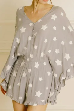 Discount Dear-Lover Star Print Crinkle Textured Kimono Ruffle Sleeve Romper Gray
