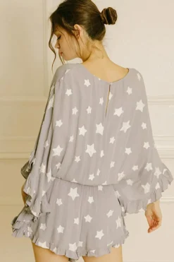 Discount Dear-Lover Star Print Crinkle Textured Kimono Ruffle Sleeve Romper Gray