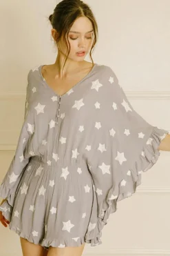 Discount Dear-Lover Star Print Crinkle Textured Kimono Ruffle Sleeve Romper Gray