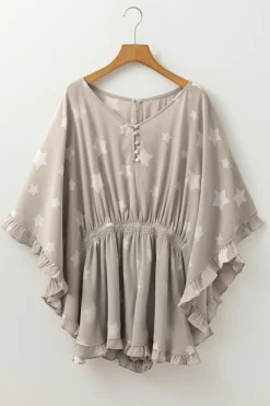 Discount Dear-Lover Star Print Crinkle Textured Kimono Ruffle Sleeve Romper Gray
