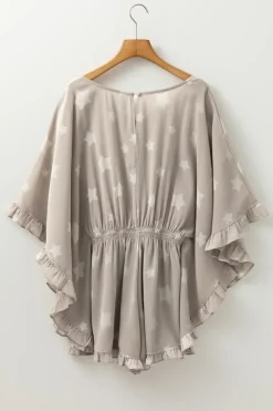 Discount Dear-Lover Star Print Crinkle Textured Kimono Ruffle Sleeve Romper Gray