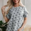 Discount Dear-Lover Star Print Tiered Ruffled Sleeve Crew Neck T Shirt Gray