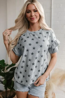 Discount Dear-Lover Star Print Tiered Ruffled Sleeve Crew Neck T Shirt Gray