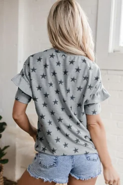 Discount Dear-Lover Star Print Tiered Ruffled Sleeve Crew Neck T Shirt Gray