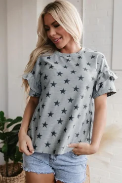Discount Dear-Lover Star Print Tiered Ruffled Sleeve Crew Neck T Shirt Gray