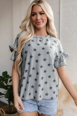 Discount Dear-Lover Star Print Tiered Ruffled Sleeve Crew Neck T Shirt Gray