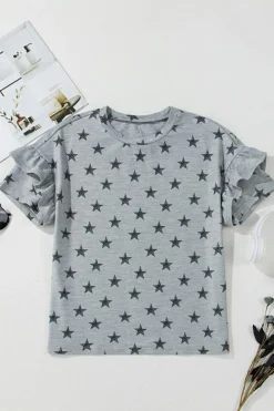Discount Dear-Lover Star Print Tiered Ruffled Sleeve Crew Neck T Shirt Gray
